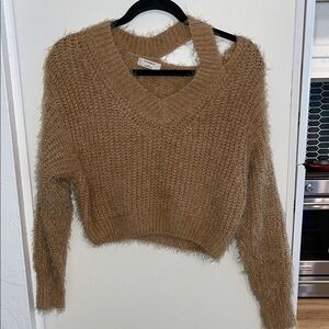 Thinkable Tan Knit Fuzzy Sweater with neck Cutout | OS